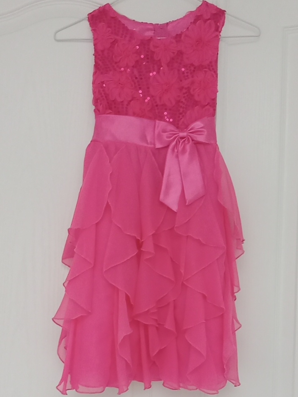 Girls' Hot Pink Ruffled Party Dress with Bow